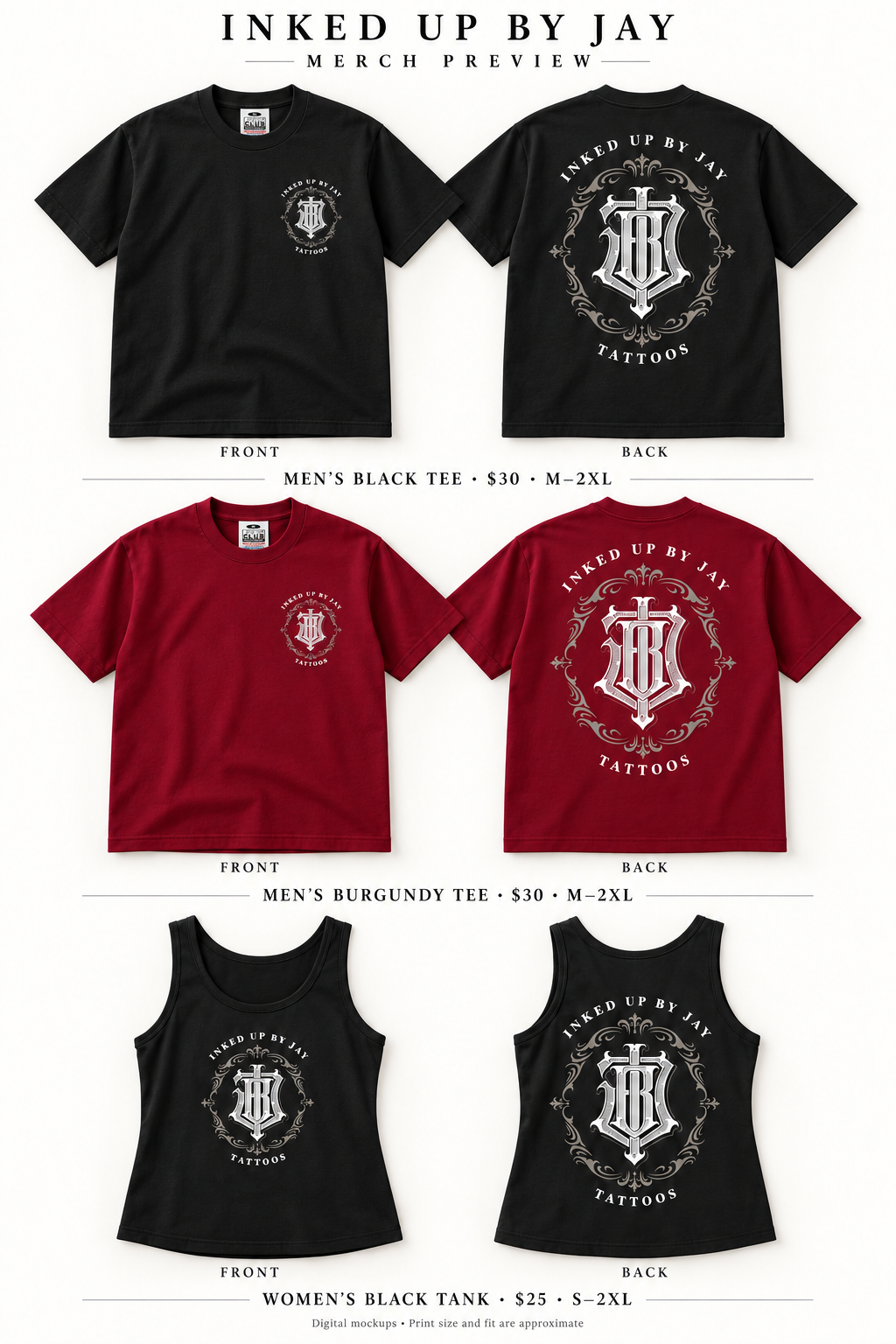 Front and back mockups of black and burgundy Pro Club tees and a women’s black tank, featuring the Inked Up by Jay logo